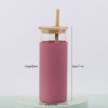 1pc 16oz Bamboo Lid And Straw Silicon Rubber Case Borosilicate Colored Water Bottles Glass - Pink 16oz