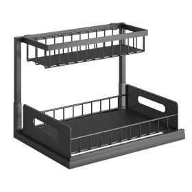 2 Tier Under Sink Organizers Pull Out Under Cabinet Basket Storage Shelf Sliding Drawer for Kitchen Bathroom - Black