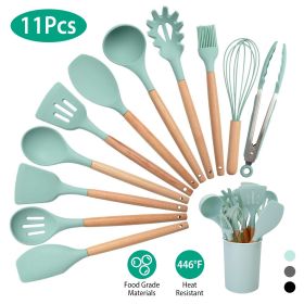 11Pcs Silicone Cooking Utensil Set Heat Resist Wooden Handle Silicone Spatula Turner Ladle Spaghetti Server Tongs - LightGreen