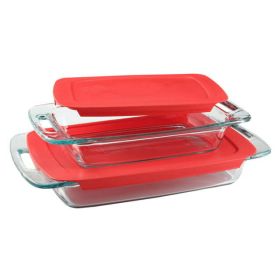 Easy Grab 4-piece Rectangular Glass Bakeware Set with Red Lids - Red