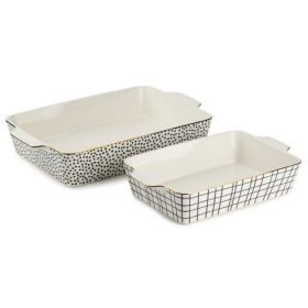 Stoneware Rectangular Baker, Baking Dish, Black & White Dot, 2-Piece Set - Black