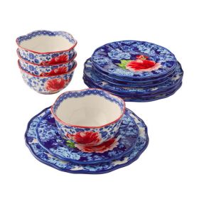 Heritage Floral 12-Piece Stoneware Dinnerware Set - blue