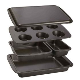 5-Piece Nonstick Carbon Steel Bakeware Set with Loaf Pan, Square Cake Pan, 6 Cup Muffin Pan, Roaster Pan, Cookie Sheet, Gray - Gray