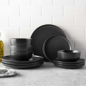 Alessandra Matte Black 12-Piece Stoneware Dinnerware Set - Black