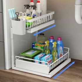 Double Sliding Metal Under Sink Organizer L Shape  - White