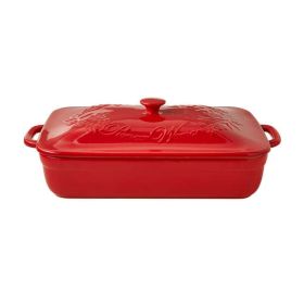 Fancy Flourish Rectangular Stoneware Casserole with Lid - red