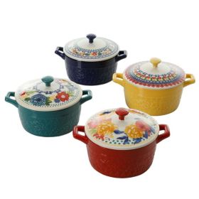 Floral 13-Ounce Assorted Color Casseroles with Lid, Set of 4 - Multicolor