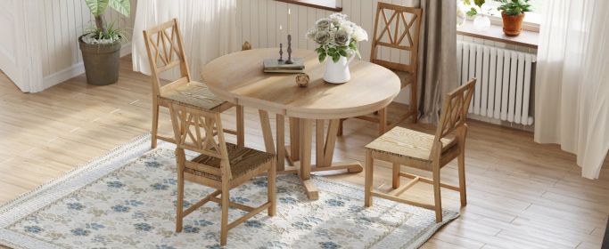 TOPMAX Rustic 5-Piece Extendable Dining Table Set Round Trestle Table and 4 Cross Back Dining Chairs for Kitchen, Dining Room, Natural - as Pic