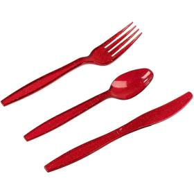 96 Pieces Red Plastic Silverware Set with Spoons, Forks, and Knives for Parties, Birthday, Dinnerware Supplies (Serves 32) - Juvale