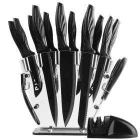 Knife Set with Block,Sharpener,Acrylic Stand 17 PCS Black High Carbon Stainless Steel Kitchen Knives - YUANYE