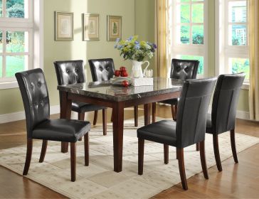 Dark Cherry Finish Wooden 7pc Dining Set Marble Top Table and 6 Side Chairs Dark Brown Faux Leather Upholstered Dining Kitchen Furniture Set - as Pic