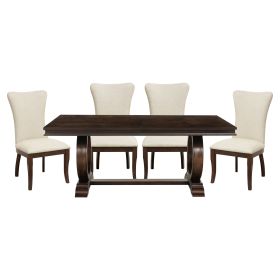 Modern Traditional 5pc Dining Set Table with Extension Leaf and 4 Upholstered Chairs Dark Cherry Finish Wooden Kitchen Dining Furniture - as Pic