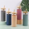 1pc 16oz Bamboo Lid And Straw Silicon Rubber Case Borosilicate Colored Water Bottles Glass - Pink 16oz