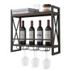 Industrial Wall Mounted Wine Rack with 3 Stem Glass Holders - Rustic Brown