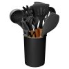 11Pcs Silicone Cooking Utensil Set Heat Resist Wooden Handle Silicone Spatula Turner Ladle Spaghetti Server Tongs - Black