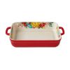 Fancy Flourish Rectangular Stoneware Casserole with Lid - red